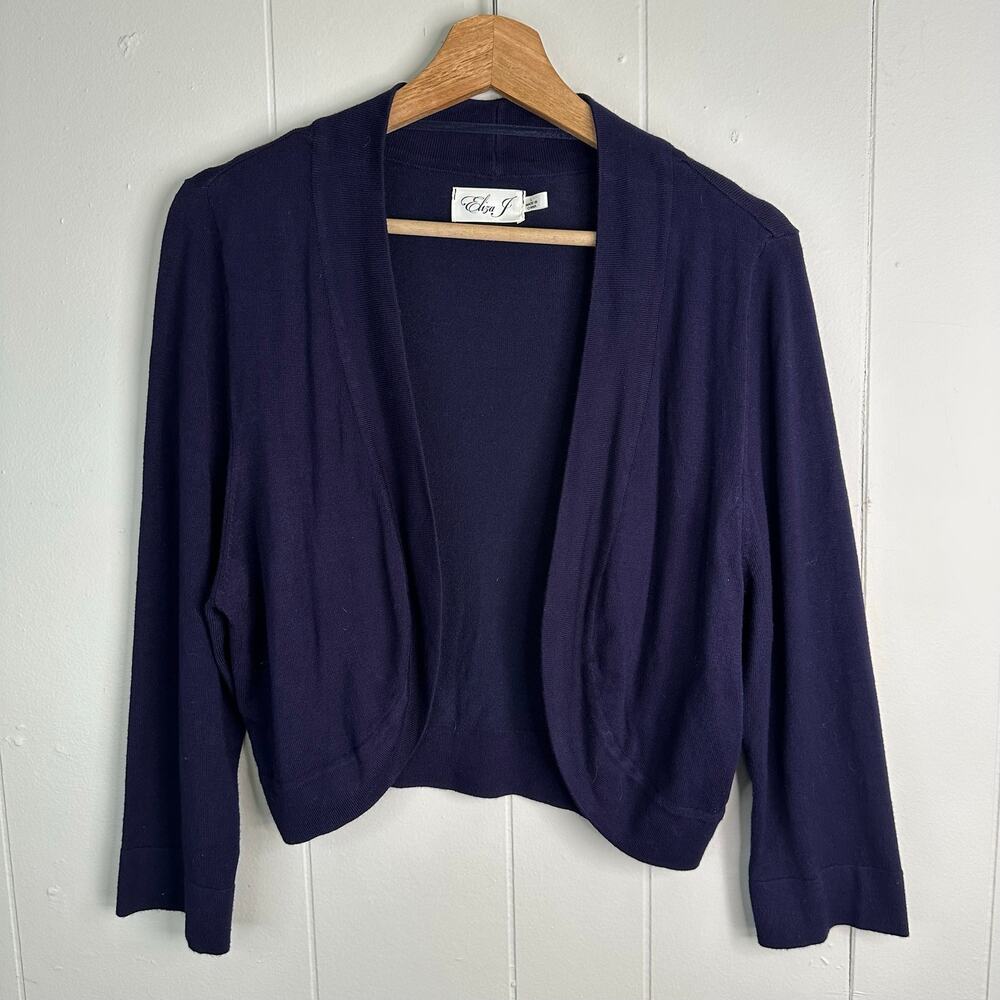Eliza J Navy Cropped Bolero Shrug Cardigan Sz L Open Front Knit Layering Piece